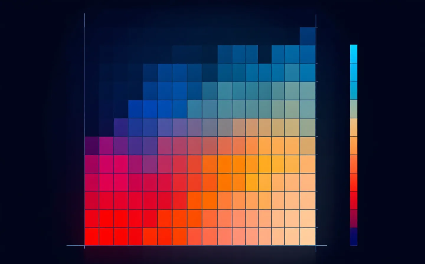 A data-visualization heatmap matrix of small cells stepping from cold indigo to hot coral-red on a faint grid, with a vertical colorbar legend, on a deep plasma-black ground